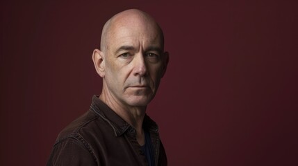 Bald Man Portrait with Serious Expression, Bald Man in Dark Shirt, Studio Shot, Professional Photography, Close-up, Mature Male, Intense Gaze, Deep Red Background