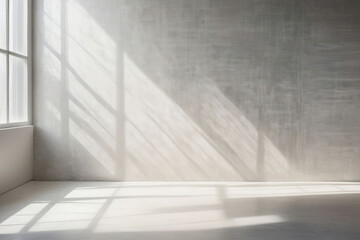 Realistic and minimalist blurred natural light windows, shadow overlay on wall paper texture, abstract background. Minimal abstract light grey background for product presentation