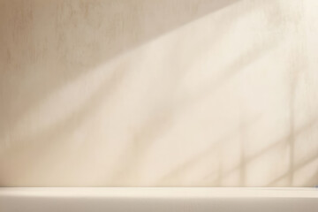 Realistic and minimalist blurred natural light windows, shadow overlay on wall paper texture, abstract background. Minimal abstract light beige background for product presentation