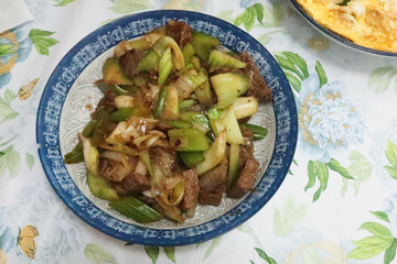 close up of homemade Hong Kong domestic style stir fried beef and Celery with soy sauce