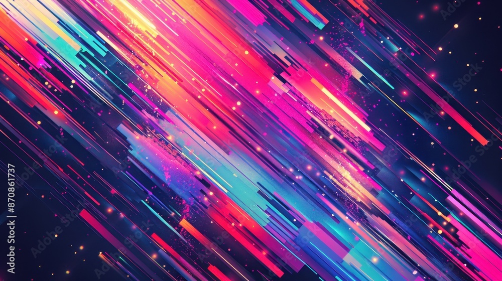 Poster vibrant abstract digital art with diagonal neon lines and dynamic colorful streaks on a dark backgro