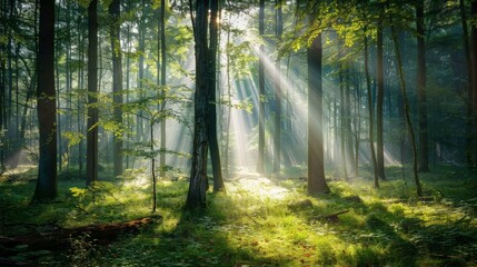 Fototapeta premium Sunbeams Through Forest Trees.