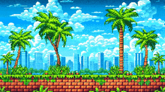 8-bit pixel art game level map side scroller of city with palm trees and greenery, blue sky and clouds