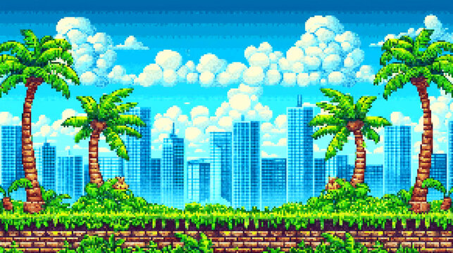 8-bit pixel art game level map side scroller of city with palm trees and greenery, blue sky and clouds