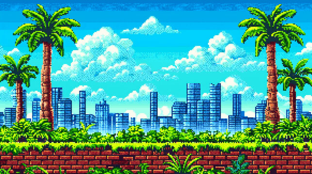 8-bit pixel art game level map side scroller of city with palm trees and greenery, blue sky and clouds
