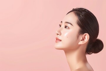 Obraz premium Side profile of a young woman with smooth skin and a bun hairstyle against a pink background, showcasing beauty and elegance.