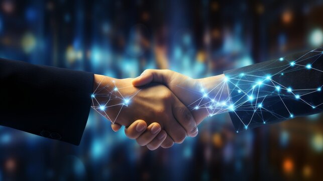 Professional handshake with digital network overlay for abstract wallpaper design