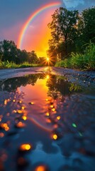 Reflective puddle with a rainbow in the background, 8K, Ultra HD.