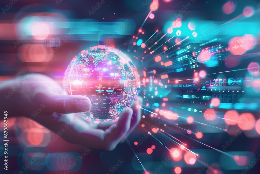 Aufkleber Futuristic digital concept with glowing globe in hand and data streams. Representation of technology, innovation, and global connectivity.