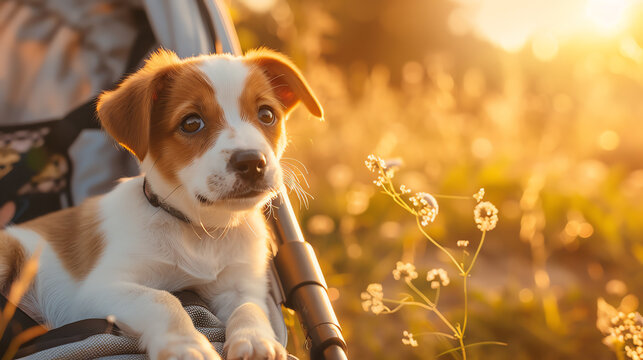 Stunning high-resolution 8k image of a cute little puppy in a pet stroller, sitting peacefully under studio lights