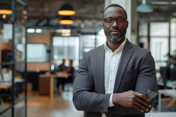 Black Happy Businessman entrepreneur using mobile phone stand in the office, look at camera.