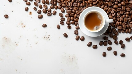 White Coffee Cup with Steaming Brew and Roasted Coffee Beans Spread Around, Ideal for Morning Routines and Cafes. Generative AI