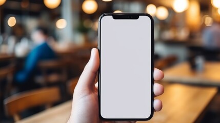 Woman holding phone mockup in cafe, space for advertising, contact marketing opportunities