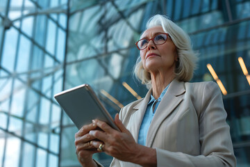 A businessman holding digital tablet pad standing in an office at the place