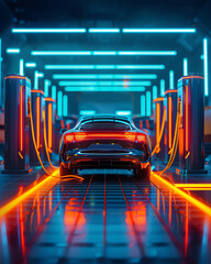 Fototapeta premium Electric car charging at a futuristic station, advancement, sustainable growth