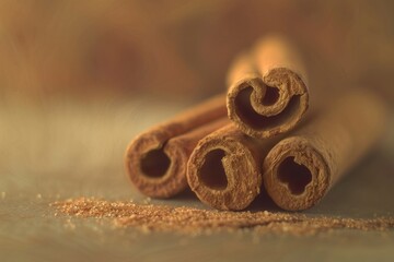 A stack of cinnamon sticks placed neatly on a table, ideal for decorative purposes or as a prop in photography and filmmaking