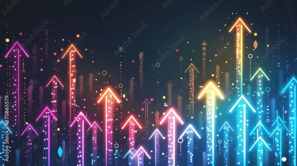 Poster colorful digital arrows pointing upward, symbolizing growth and progress, perfect for technology and