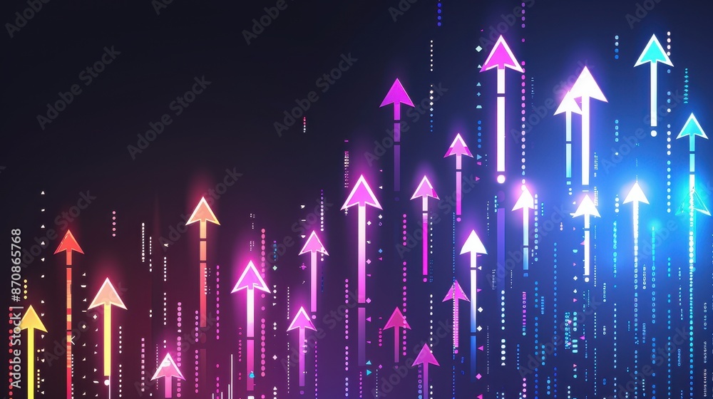 Poster colorful arrows pointing upwards representing growth and success against a dark background, ideal fo