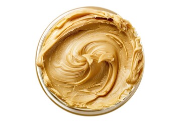 A small bowl filled with creamy peanut butter on a white surface, perfect for snacking or cooking