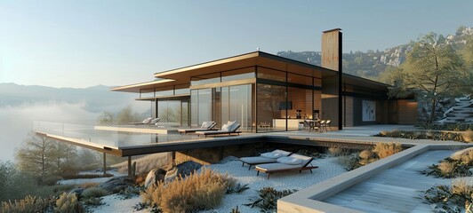 Architecture 3d rendering illustration of minimal modern house. 