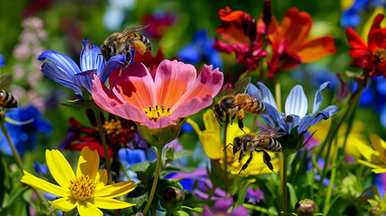 Bees landing on various colorful garden flowers with visible pollen baskets on their legs during springtime bloom.