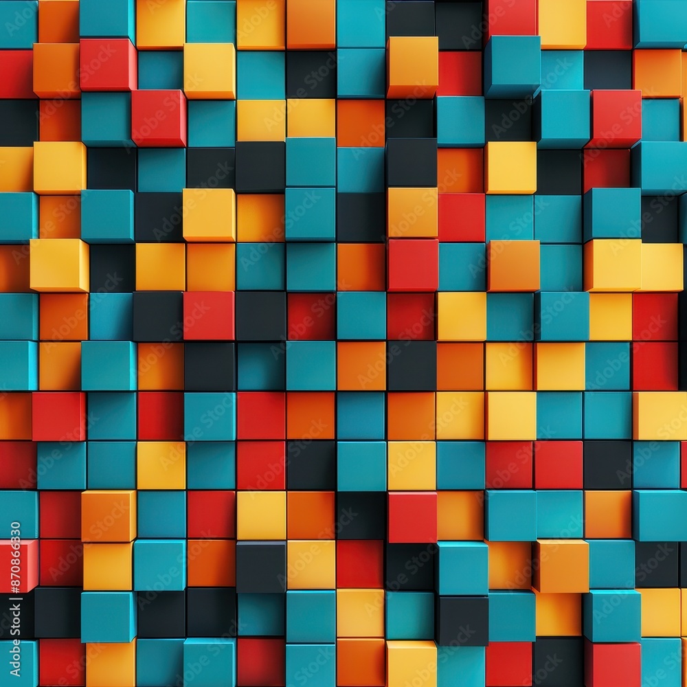 Aufkleber Colorful block pattern with vibrant red, yellow, and blue cubes creating a dynamic, abstract visual texture.