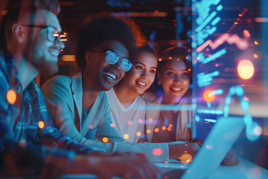 A group of young friends enjoys interacting with a vibrant and colorful digital touchscreen table, filled with laughter and engagement.