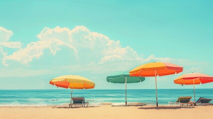 Vibrant Beach Scene with Colorful Umbrellas and Pristine Sky