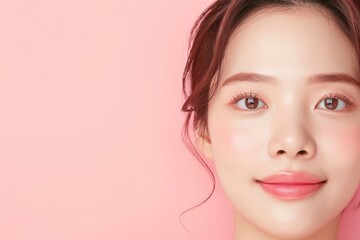 Fototapeta premium Close-up portrait of a young woman with smooth skin and natural makeup smiling against a pink background.