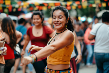 Joyful Woman Dancing at a Colorful Outdoor Festival Celebrating Cultural Heritage