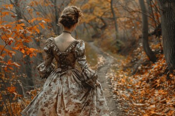 A woman in a dress walks along a winding path, surrounded by nature