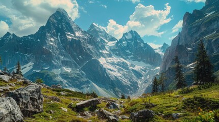 A serene landscape shot of a mountain range with snowy peaks in the distance, perfect for use in travel or outdoor-related content
