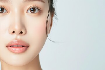 Close-up portrait of a young woman with clear skin and natural makeup, showcasing beauty and simplicity against a light background.