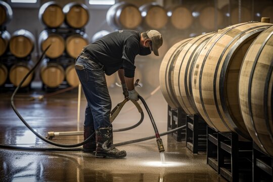 Brewery worker cleaning with barrel pipe