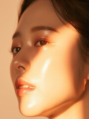 Close-up portrait of a woman with flawless skin, highlighting natural beauty with soft, warm lighting.
