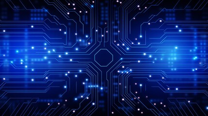 Naklejka premium Abstract digital circuit on blue tech bg, connected lines and dots, navy gradient for ai innovation