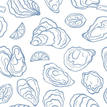 Hand drawn monochrome oyster and lemons seamless pattern