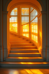 Sunlit Curved Staircase in Elegant Historical Building with Golden Afternoon Light