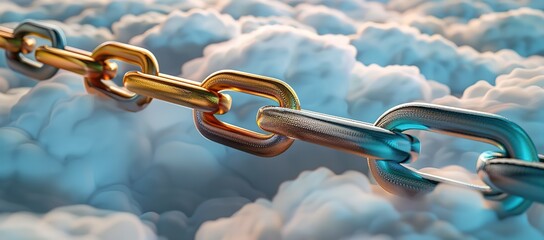 Strands of chains made of yellow iron and shiny ash above wisps of white clouds