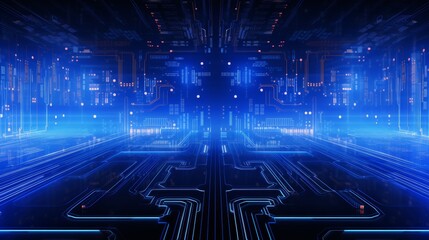 Abstract digital circuit board on blue tech bg with connected lines, navy gradient for ai innovation