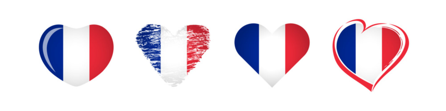 French hearts. Holiday collection. Creative badges, symbols or icons. Flag of France background with isolated clipping mask. Abstract template. Set of heart shapes. Sport or political event sign.