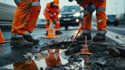 Construction workers repairing a pothole on a road.