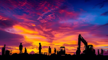 Naklejka premium Construction Workers and Excavator Silhouetted Against Vibrant Sunset Sky