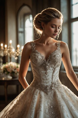 Naklejka premium Elegant Bride in Exquisite Embroidered Lace Ball Gown Wedding Dress in Luxurious Setting with Chandeliers and Floral Décor