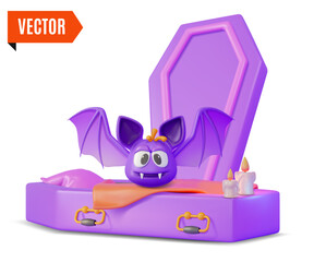 3d Happy Halloween Concept Cartoon Design Style. Vector illustration of Flying Bat and Coffin for Dead © bigmouse108