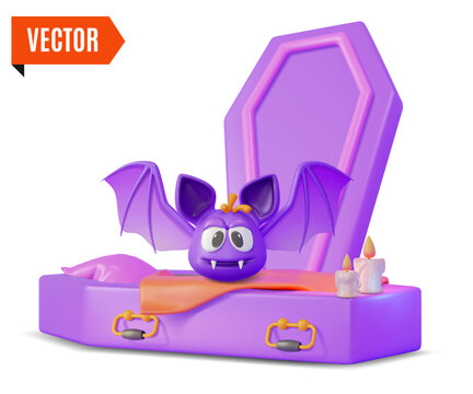 3d Happy Halloween Concept Cartoon Design Style. Vector illustration of Flying Bat and Coffin for Dead