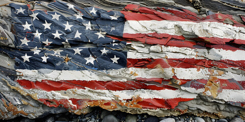 An American flag made from flowers in a garden.


