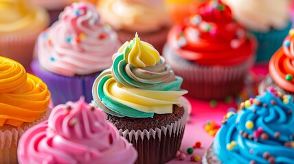 Colorful Assorted Cupcakes with Decorative Frosting and Sprinkles