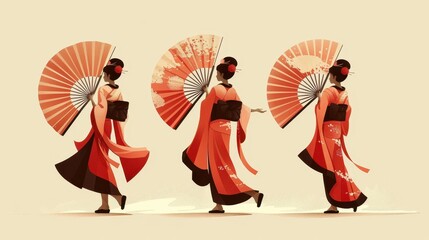 Three Japanese Women in Kimonos and Fans