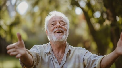 Portrait of a free happy mature retired man with open arms enjoying life with nature background , old joyful caucasian male with good mental health. Male hiker standing with arms outstretched.